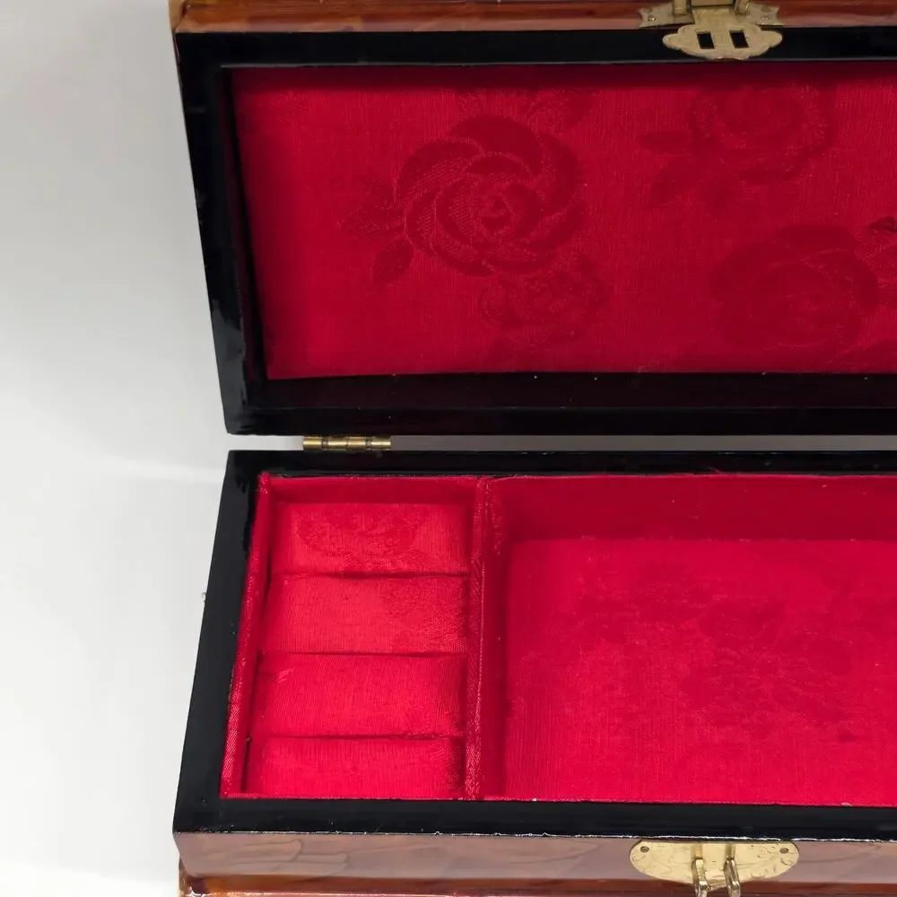 Vintage Chinese Wooden Jewelry Box Brass Hardware Jade Stone Inlay Red Lined